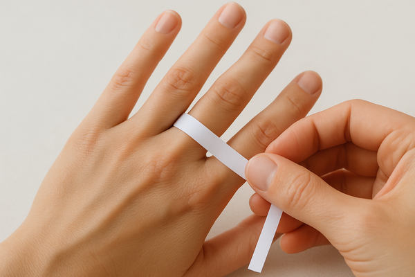 someone measuring their ring size with a strip of paper